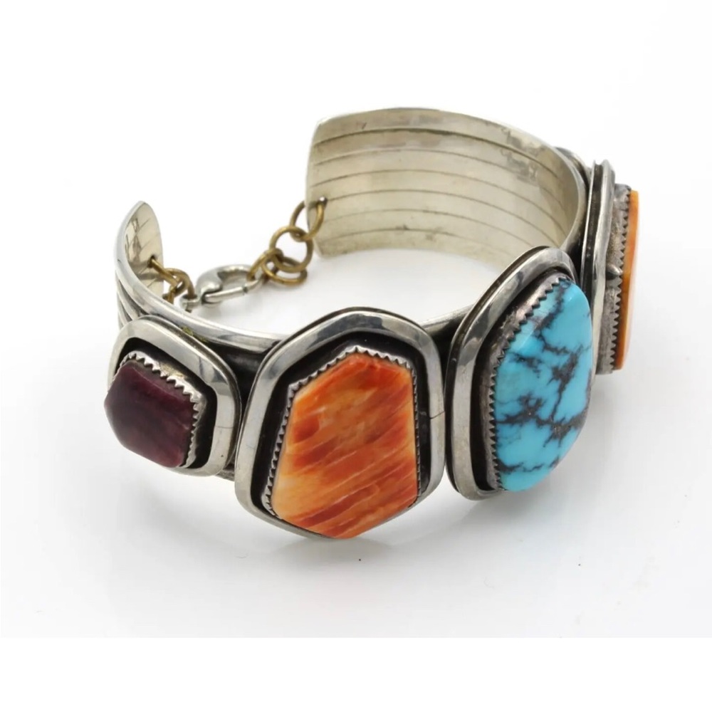 Signed - W. Johnson, Navajo. Morenci Turquoise Multi Stone Cuff Bangle - Picture 2 of 7